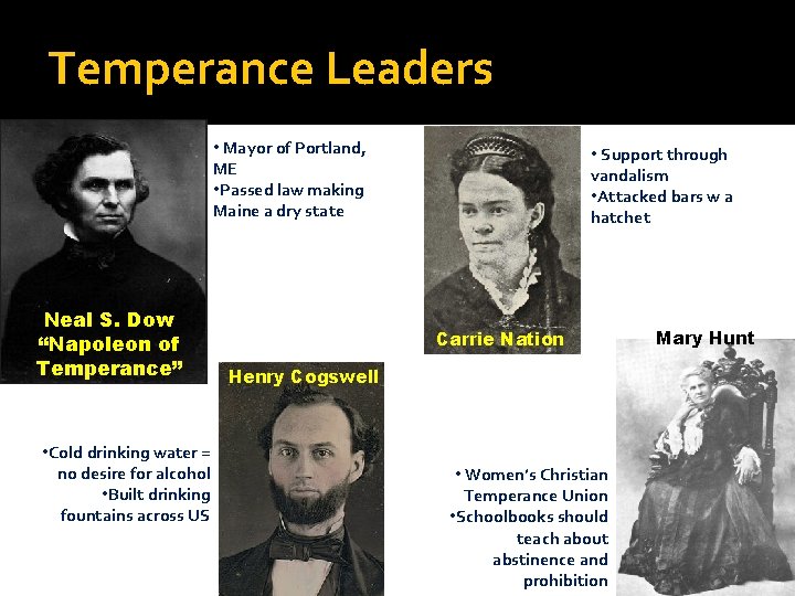 Temperance Leaders • Mayor of Portland, ME • Passed law making Maine a dry