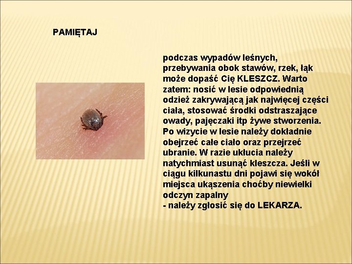 PAMIĘTAJ podczas wypadów leśnych, przebywania obok stawów, rzek, łąk może dopaść Cię KLESZCZ. Warto PAMIĘTAJ podczas wypadów leśnych, przebywania obok stawów, rzek, łąk może dopaść Cię KLESZCZ. Warto