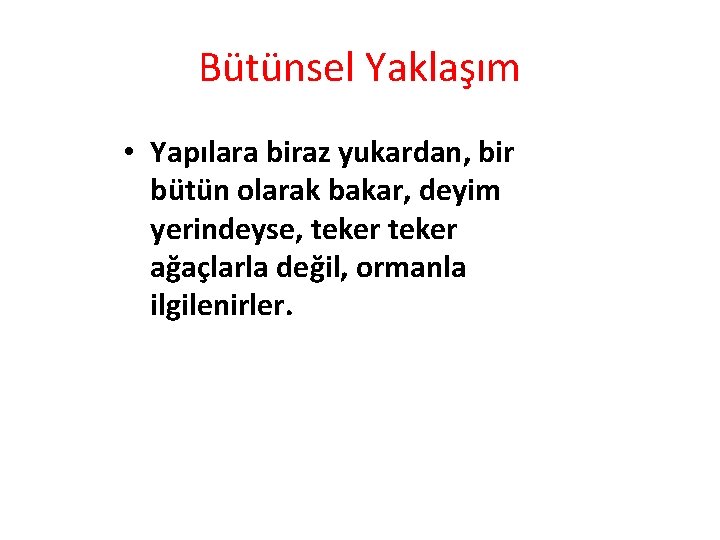 Bütünsel Yaklaşım • Yapılara biraz yukardan, bir bütün olarak bakar, deyim yerindeyse, teker ağaçlarla