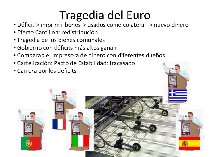 Tragedia del Euro • Déficit-> imprimir bonos-> usados como colateral -> nuevo dinero •