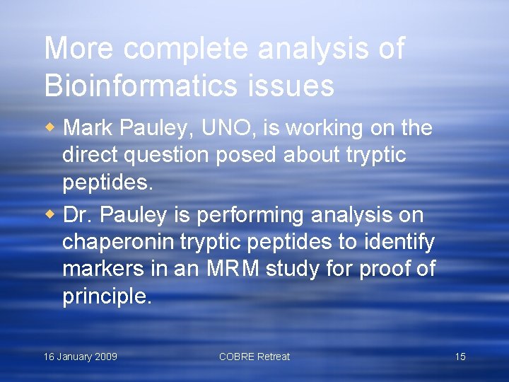 More complete analysis of Bioinformatics issues w Mark Pauley, UNO, is working on the