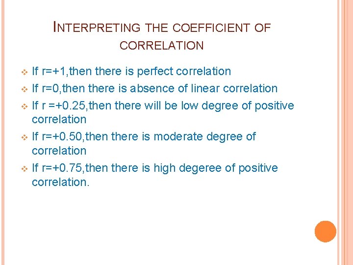 INTERPRETING THE COEFFICIENT OF CORRELATION If r=+1, then there is perfect correlation v If