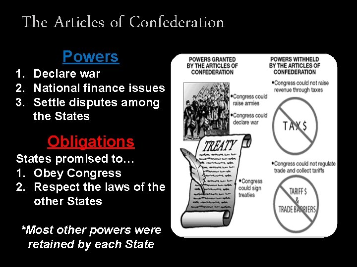 The Articles of Confederation Powers 1. Declare war 2. National finance issues 3. Settle