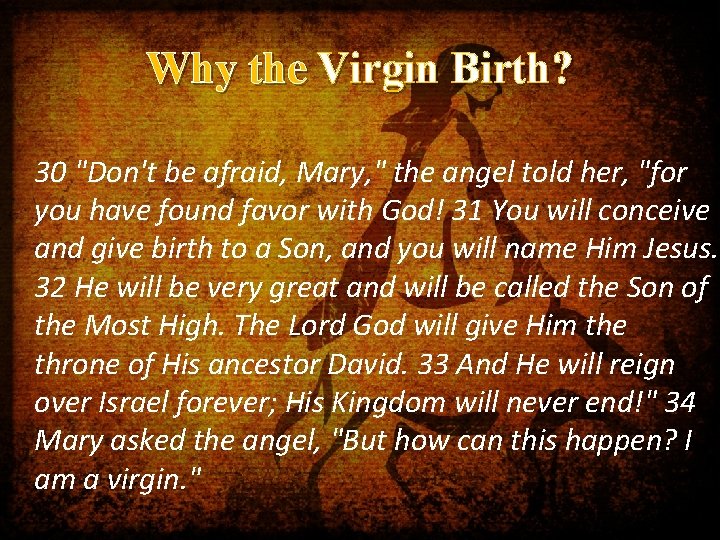 Why the Virgin Birth? 30 "Don't be afraid, Mary, " the angel told her,