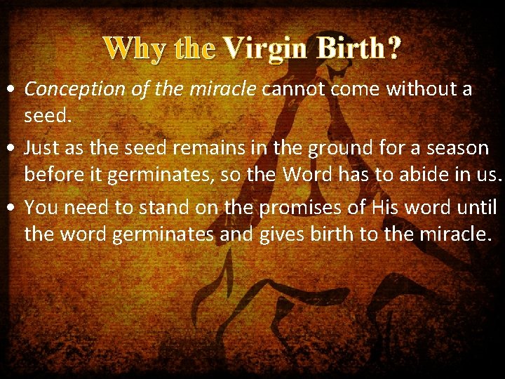 Why the Virgin Birth? • Conception of the miracle cannot come without a seed.