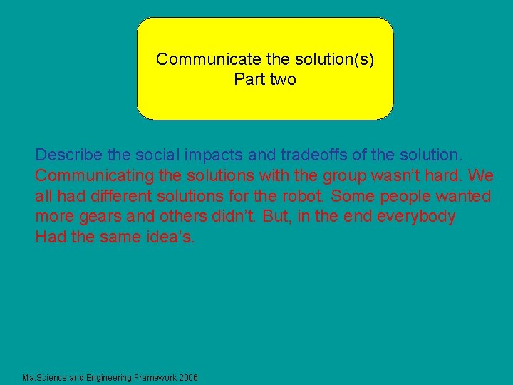 Communicate the solution(s) Part two Describe the social impacts and tradeoffs of the solution.