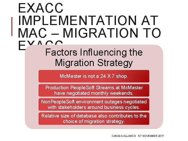 EXACC IMPLEMENTATION AT MAC – MIGRATION TO EXACC Factors Influencing the Migration Strategy Mc.