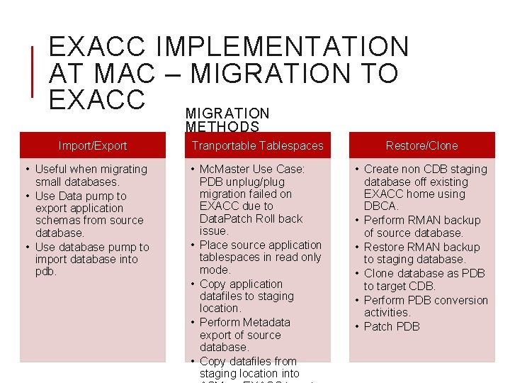 EXACC IMPLEMENTATION AT MAC – MIGRATION TO EXACC MIGRATION METHODS Import/Export • Useful when EXACC IMPLEMENTATION AT MAC – MIGRATION TO EXACC MIGRATION METHODS Import/Export • Useful when