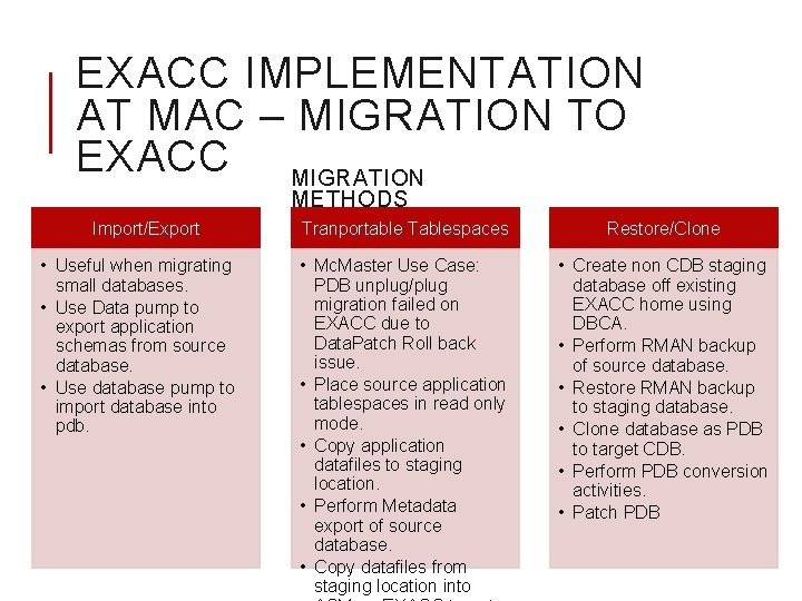 EXACC IMPLEMENTATION AT MAC – MIGRATION TO EXACC MIGRATION METHODS Import/Export • Useful when