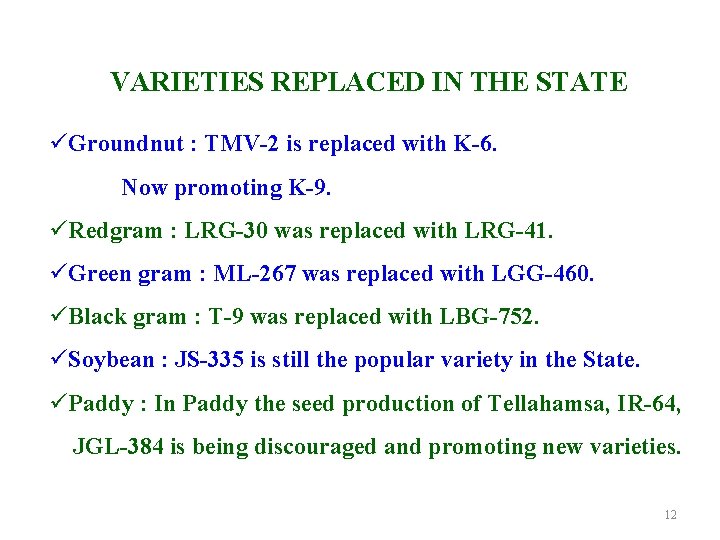 VARIETIES REPLACED IN THE STATE üGroundnut : TMV-2 is replaced with K-6. Now promoting