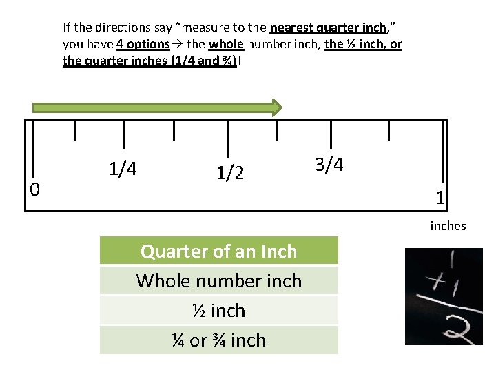 If the directions say “measure to the nearest quarter inch, ” you have 4