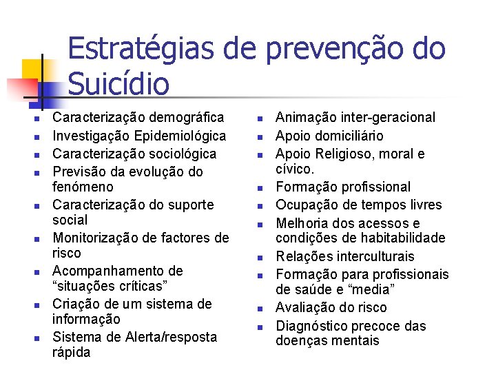 Estratégias de prevenção do Suicídio n n n n n Caracterização demográfica Investigação Epidemiológica