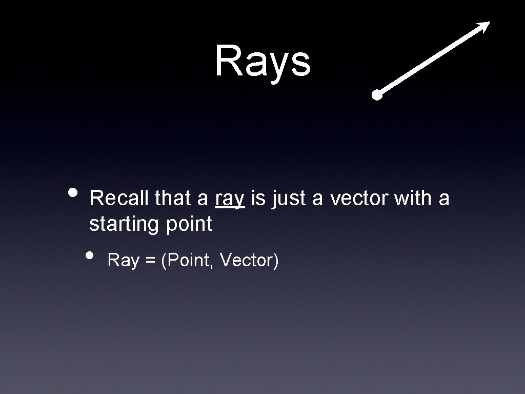 Rays • Recall that a ray is just a vector with a starting point
