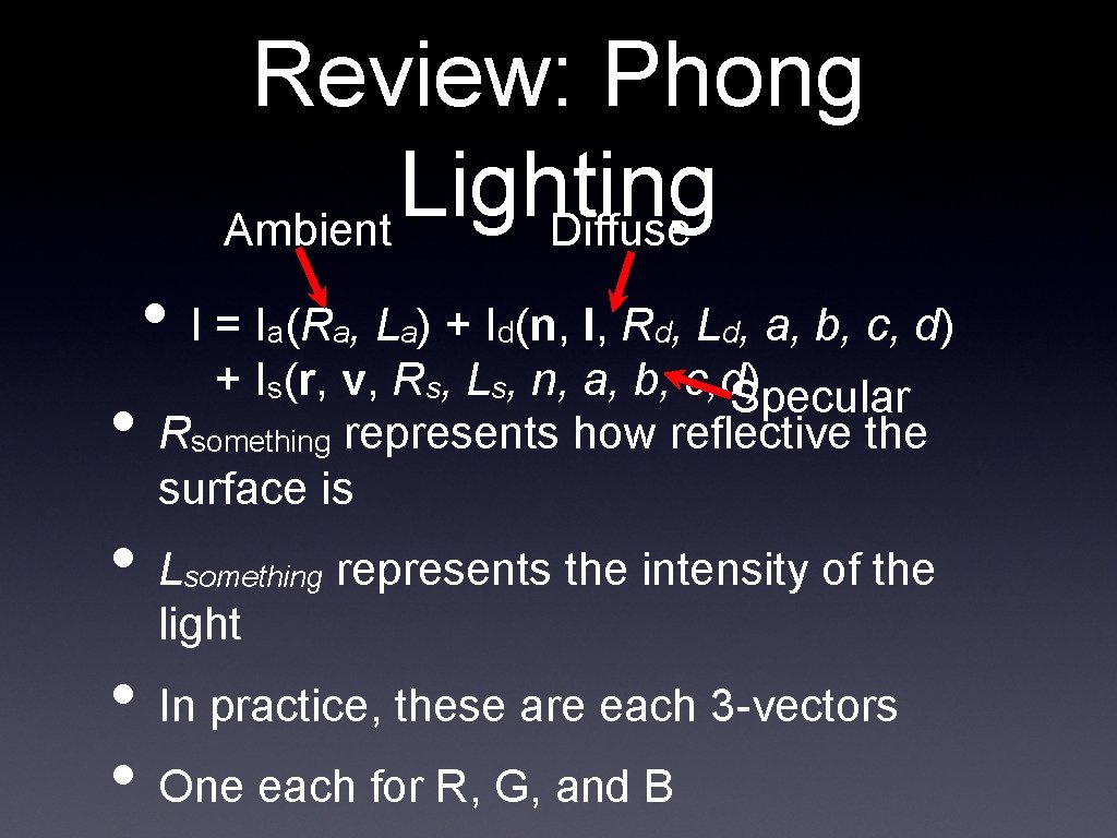 Review: Phong Lighting Ambient Diffuse • I = I (R , L ) +