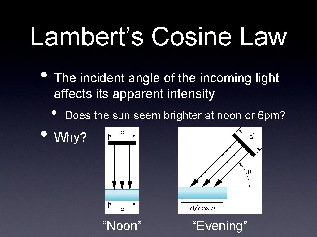 Lambert’s Cosine Law • The incident angle of the incoming light affects its apparent