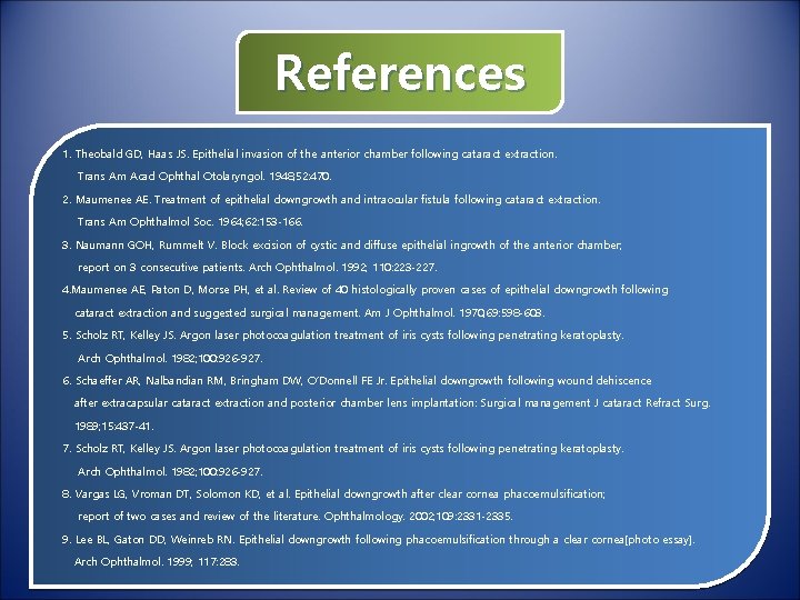 References 1. Theobald GD, Haas JS. Epithelial invasion of the anterior chamber following cataract