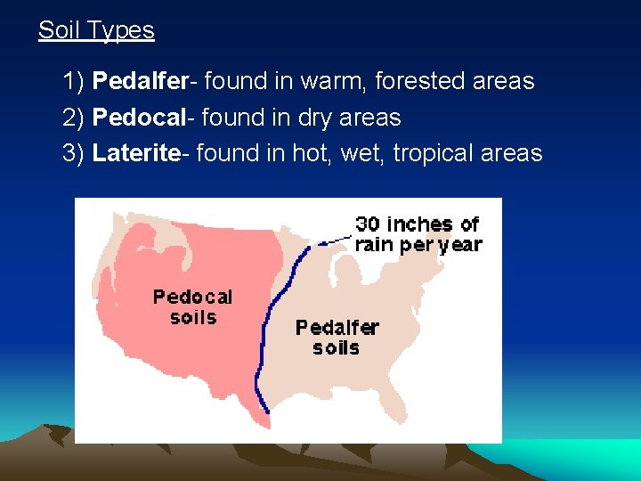 Soil Types 1) Pedalfer- found in warm, forested areas 2) Pedocal- found in dry