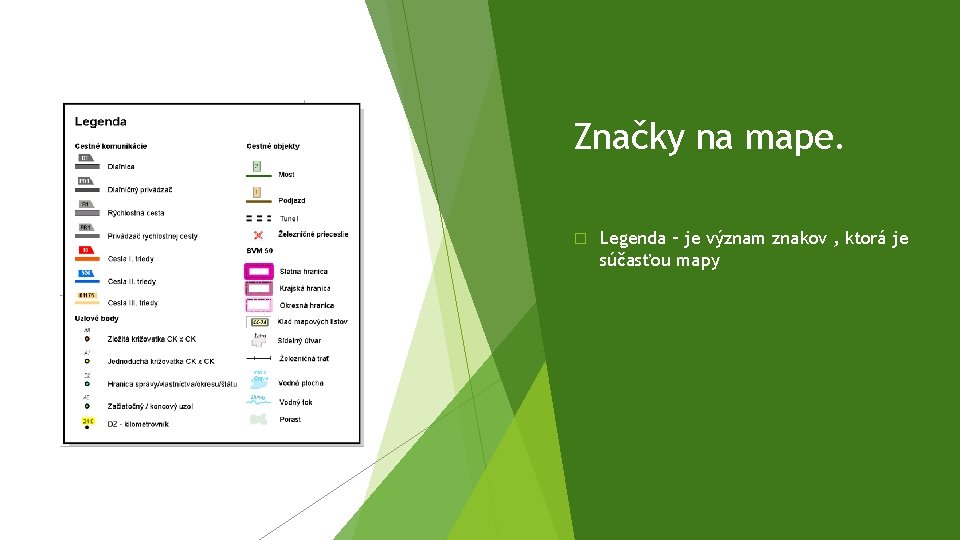 Značky na mape. � Legenda – je význam znakov , ktorá je súčasťou mapy