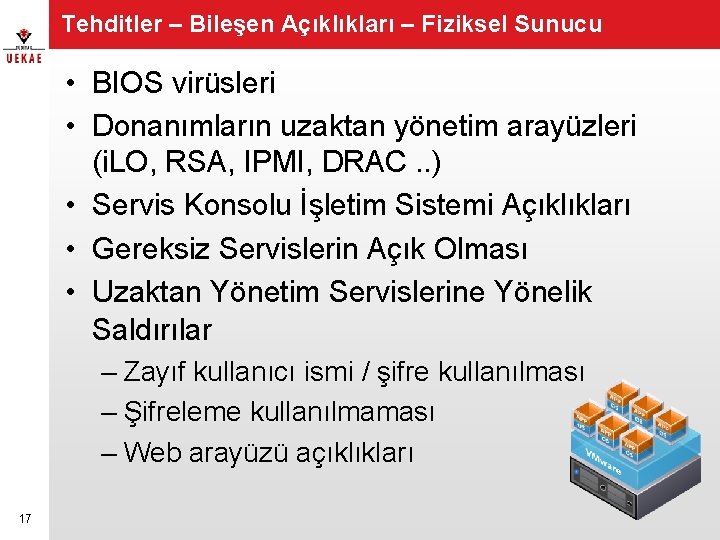 Tehditler – Bileşen Açıklıkları – Fiziksel Sunucu • BIOS virüsleri • Donanımların uzaktan yönetim