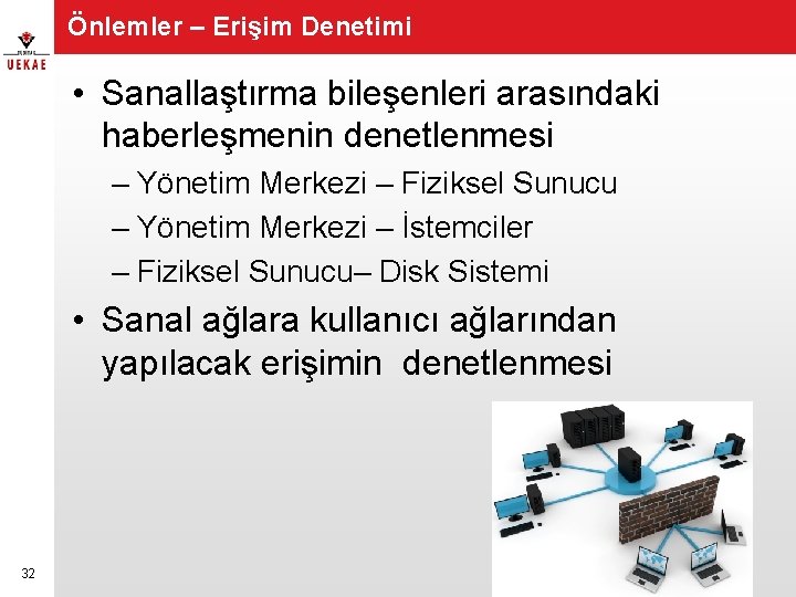 Önlemler – Erişim Denetimi • Sanallaştırma bileşenleri arasındaki haberleşmenin denetlenmesi – Yönetim Merkezi –