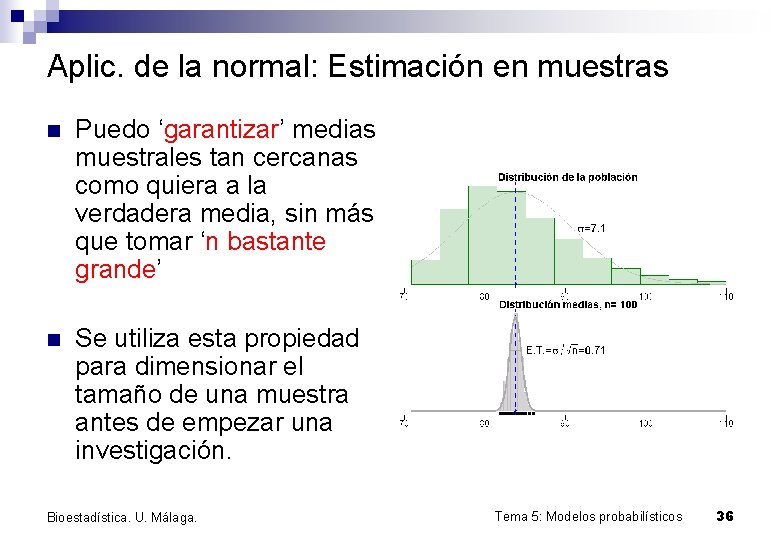 Aplic. de la normal: Estimación en muestras n Puedo ‘garantizar’ medias muestrales tan cercanas