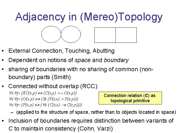 Adjacency in (Mereo)Topology • External Connection, Touching, Abutting • Dependent on notions of space