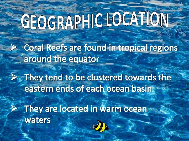 Ø Coral Reefs are found in tropical regions around the equator Ø They tend