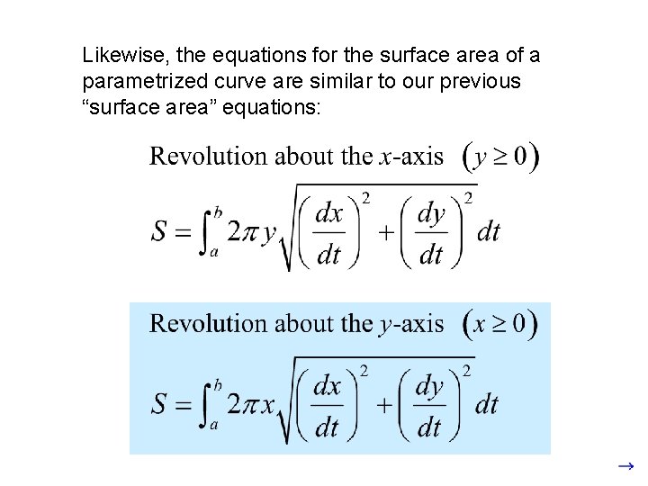 Likewise, the equations for the surface area of a parametrized curve are similar to