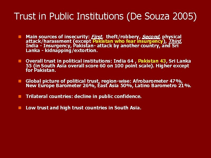 Trust in Public Institutions (De Souza 2005) n Main sources of insecurity: First, theft/robbery,