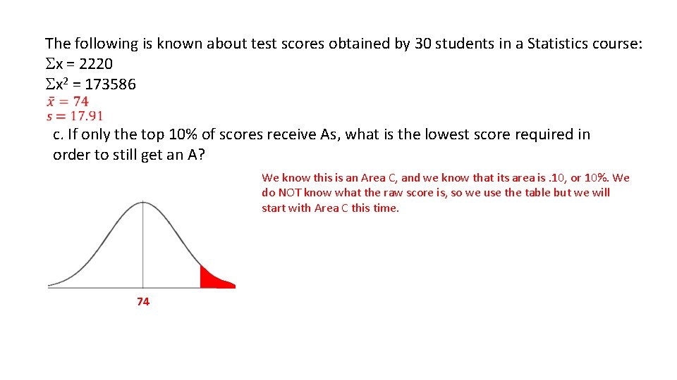 The following is known about test scores obtained by 30 students in a Statistics