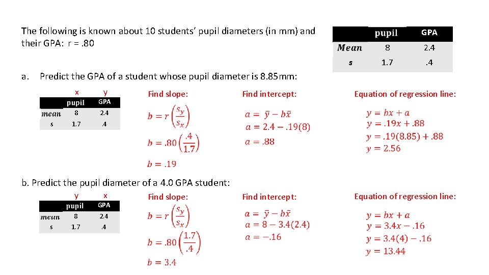 The following is known about 10 students’ pupil diameters (in mm) and their GPA: