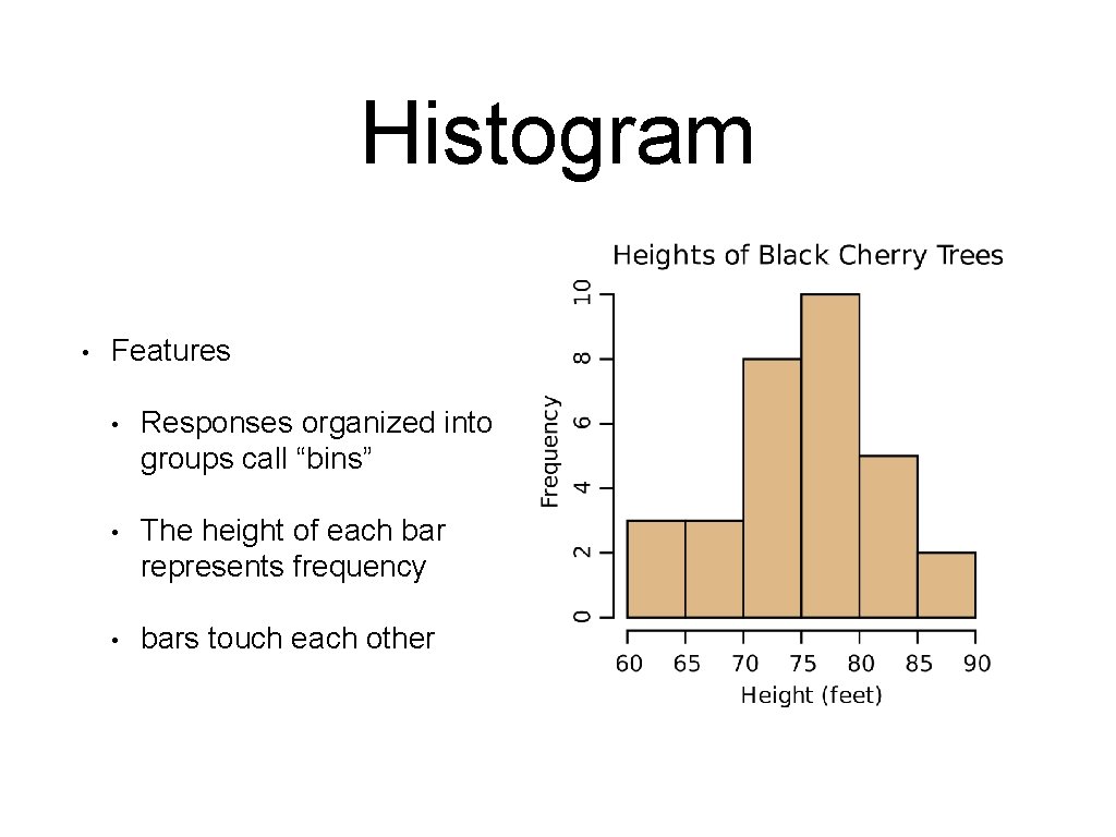 Histogram • Features • Responses organized into groups call “bins” • The height of