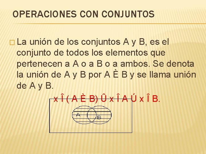 OPERACIONES CONJUNTOS � La unión de los conjuntos A y B, es el conjunto