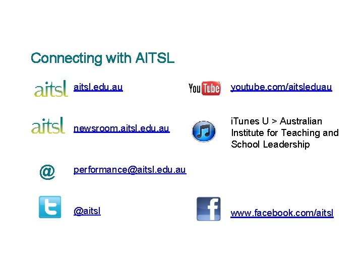 Connecting with AITSL @ aitsl. edu. au youtube. com/aitsleduau newsroom. aitsl. edu. au i.