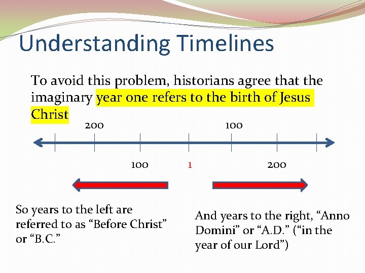 Understanding Timelines To avoid this problem, historians agree that the imaginary year one refers