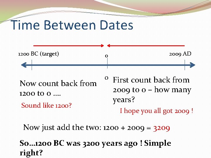 Time Between Dates 1200 BC (target) Now count back from 1200 to 0 ….