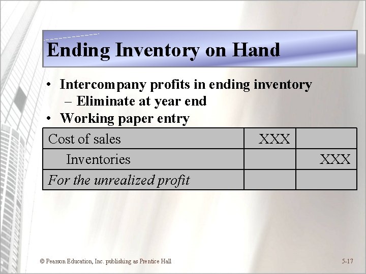 Ending Inventory on Hand • Intercompany profits in ending inventory – Eliminate at year