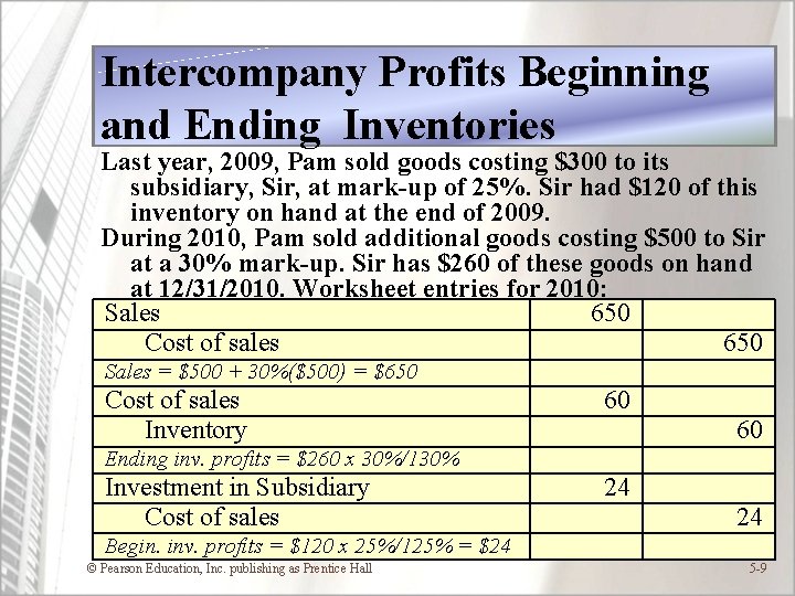 Intercompany Profits Beginning and Ending Inventories Last year, 2009, Pam sold goods costing $300