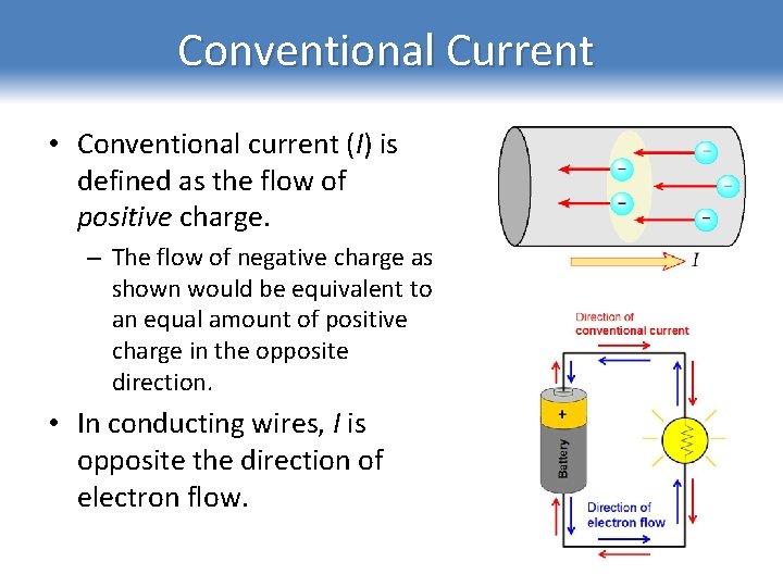 Conventional Current • Conventional current (I) is defined as the flow of positive charge.