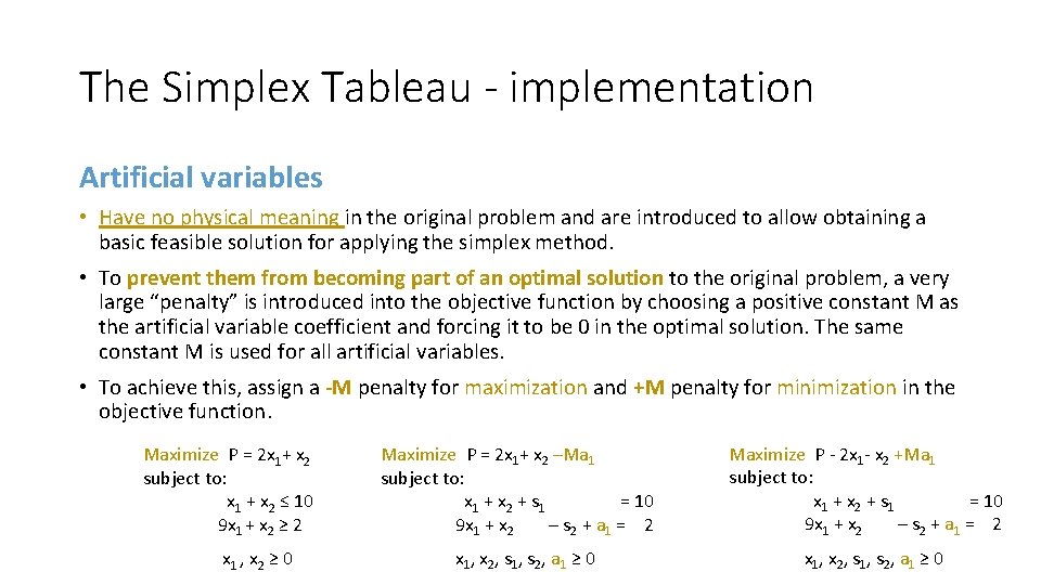 The Simplex Tableau - implementation Artificial variables • Have no physical meaning in the