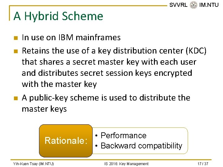 SVVRL @ IM. NTU A Hybrid Scheme n n n In use on IBM