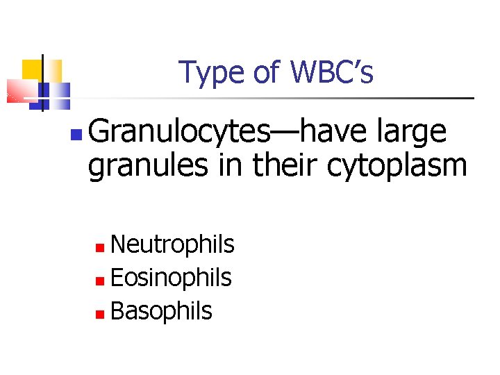Type of WBC’s Granulocytes—have large granules in their cytoplasm Neutrophils Eosinophils Basophils 