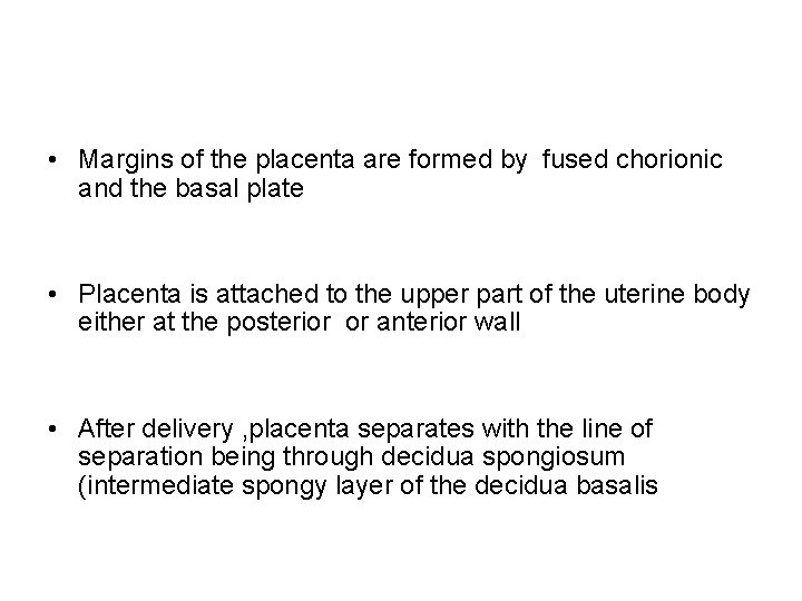  • Margins of the placenta are formed by fused chorionic and the basal