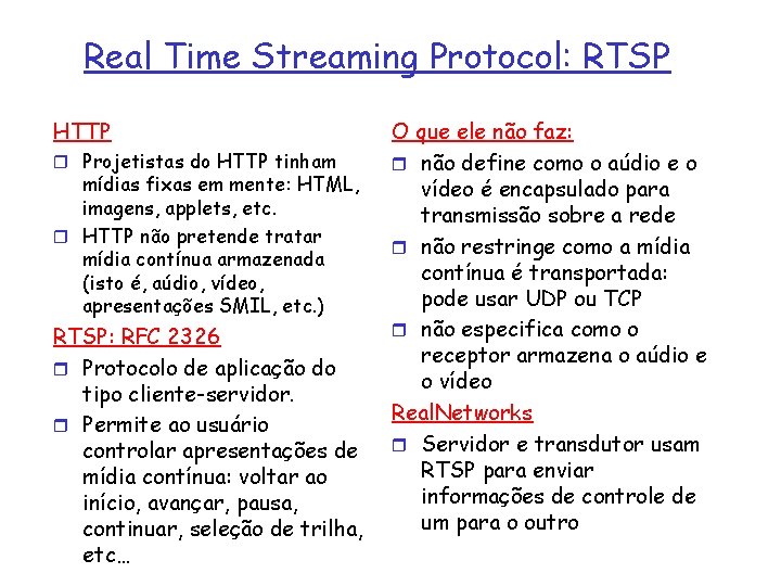 Real Time Streaming Protocol: RTSP HTTP r Projetistas do HTTP tinham mídias fixas em