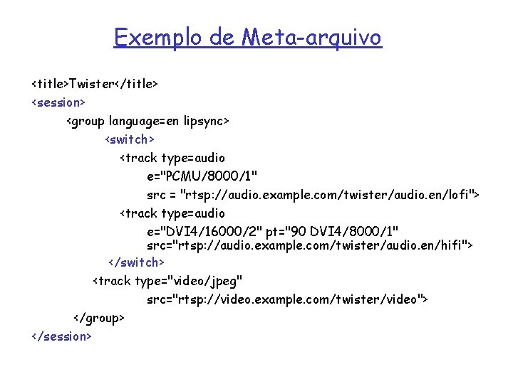 Exemplo de Meta-arquivo <title>Twister</title> <session> <group language=en lipsync> <switch> <track type=audio e="PCMU/8000/1" src =