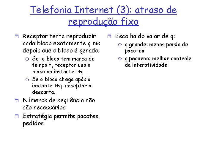 Telefonia Internet (3): atraso de reprodução fixo r Receptor tenta reproduzir cada bloco exatamente