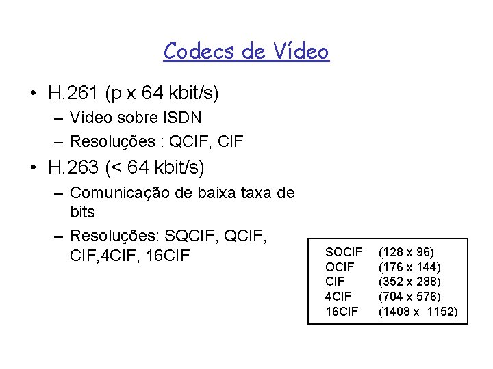 Codecs de Vídeo • H. 261 (p x 64 kbit/s) – Vídeo sobre ISDN