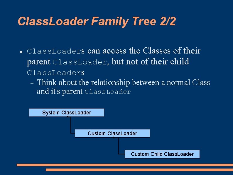 Class. Loader Family Tree 2/2 Class. Loaders can access the Classes of their parent Class. Loader Family Tree 2/2 Class. Loaders can access the Classes of their parent