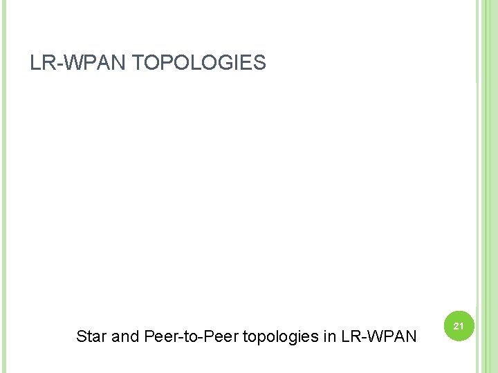 LR-WPAN TOPOLOGIES Star and Peer-to-Peer topologies in LR-WPAN 21 