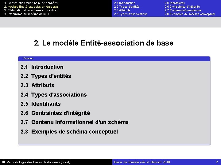 1. Construction d'une base de données 2. Modèle Entité-association de base 3. Elaboration d'un